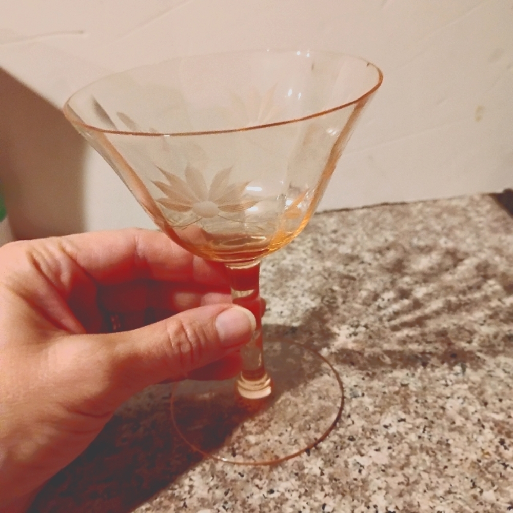 Elegant Clear Light Pink Amber Glass Goblet Floral Texture Top 11.5' & 5' Tall